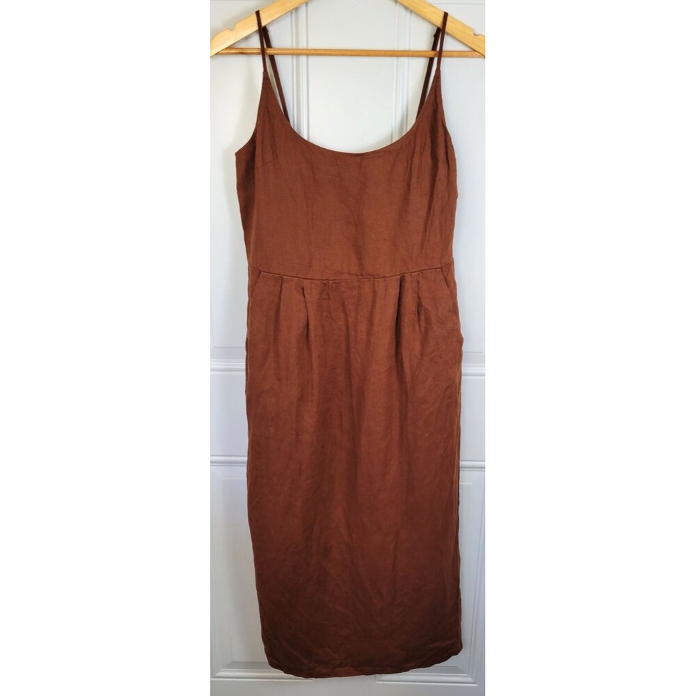 Quince 100% European Linen Scoop Neck Midi Dress Size S Chocolate Brown - Picture 2 of 9